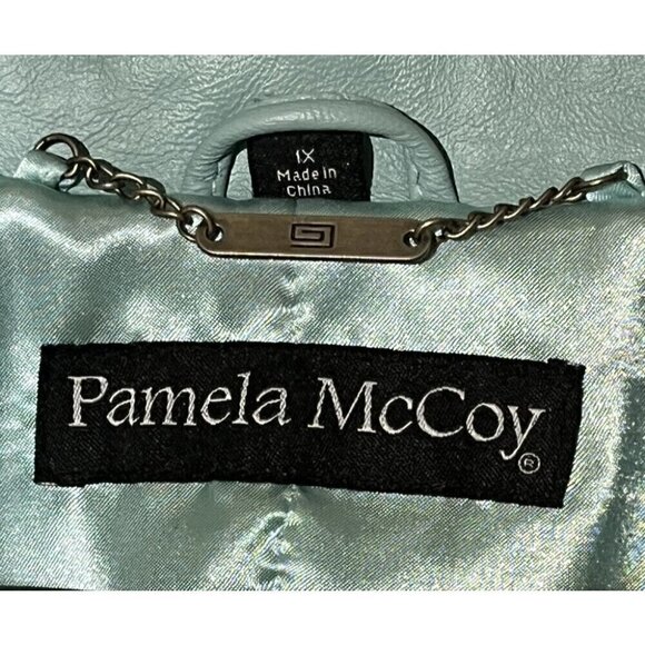 New PAMELA MCCOY Mint Green Genuine Leather Buttons Moto Jacket Blazer - Picture 8 of 9